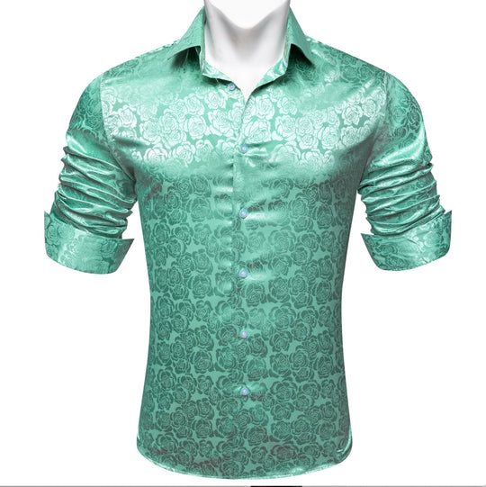 Turquoise Green Floral Silk Men's Shirt- CY-0674 - SimonVon Shop