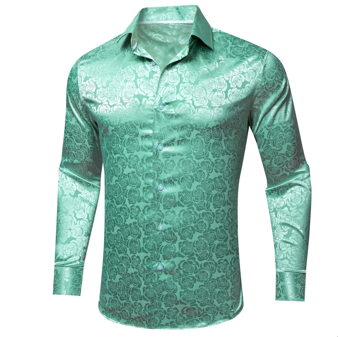 Turquoise Green Floral Silk Men's Shirt- CY-0674 - SimonVon Shop