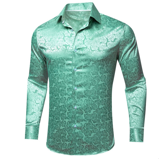 Turquoise Green Floral Silk Men's Shirt- CY-0674 - SimonVon Shop
