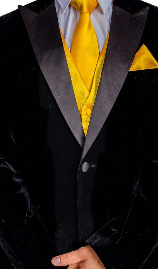 Yellow Solid Satin Waistcoat Vest Tie Handkerchief Cufflinks Set-MJ-0632 - SimonVon Shop