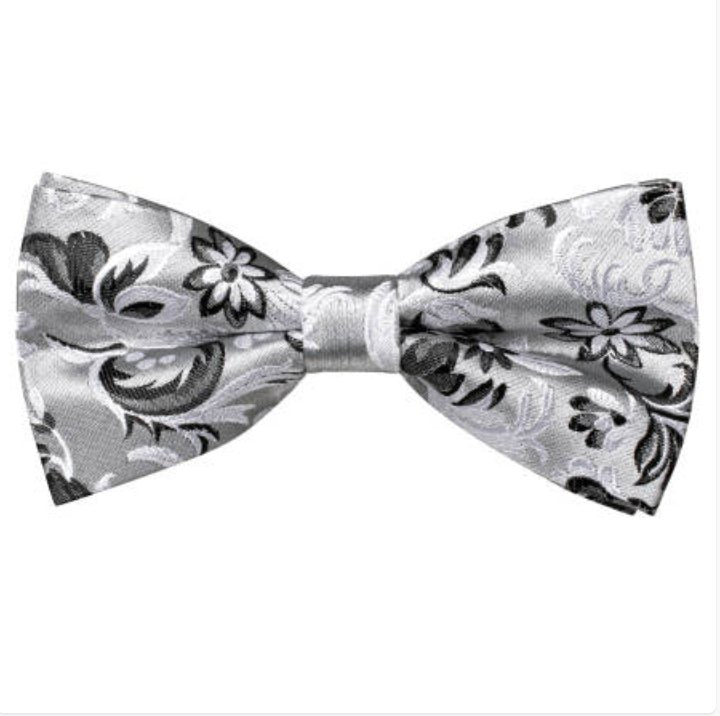 White Grey Floral Silk Pre-tied Bow Tie Hanky Cufflinks Set-LH-2522 - SimonVon Shop