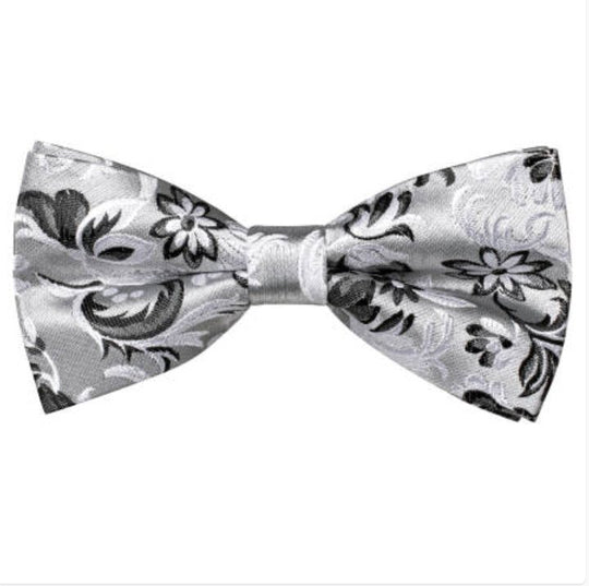 White Grey Floral Silk Pre-tied Bow Tie Hanky Cufflinks Set-LH-2522 - SimonVon Shop