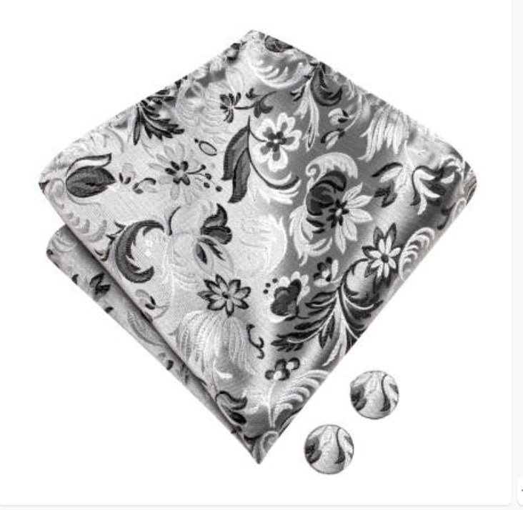 White Grey Floral Silk Pre-tied Bow Tie Hanky Cufflinks Set-LH-2522 - SimonVon Shop