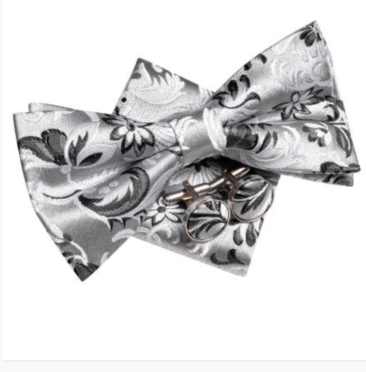 White Grey Floral Silk Pre-tied Bow Tie Hanky Cufflinks Set-LH-2522 - SimonVon Shop