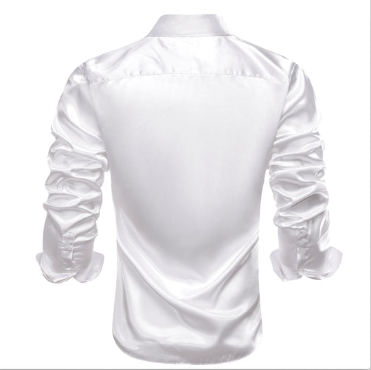 White Solid Satin Men's Long Sleeve Dress Shirt- CY-1642 - SimonVon Shop