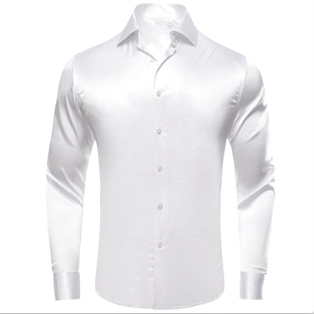 White Solid Satin Men's Long Sleeve Dress Shirt- CY-1642 - SimonVon Shop