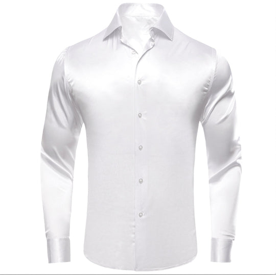 White Solid Satin Men's Long Sleeve Dress Shirt- CY-1642 - SimonVon Shop