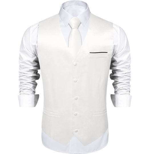 White Solid Satin Waistcoat Vest Tie Handkerchief Cufflinks Set- MJ-0627 - SimonVon Shop