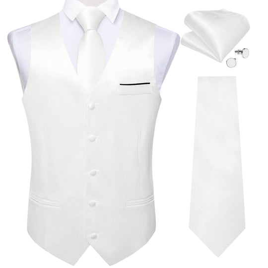 White Solid Satin Waistcoat Vest Tie Handkerchief Cufflinks Set- MJ-0627 - SimonVon Shop
