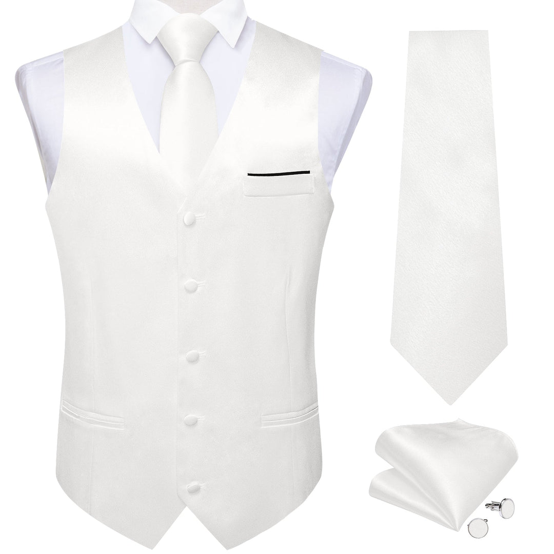 White Solid Satin Waistcoat Vest Tie Handkerchief Cufflinks Set- MJ-0627 - SimonVon Shop