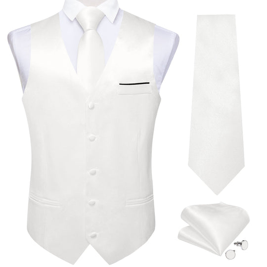 White Solid Satin Waistcoat Vest Tie Handkerchief Cufflinks Set- MJ-0627 - SimonVon Shop