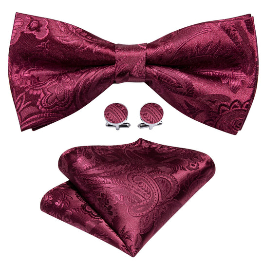 WINE RED PAISLEY BOWTIE POCKET SQUARE CUFFLINKS SET-LH-0959 - SimonVon Shop