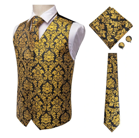 YELLOW BLACK FLORAL JACQUARD SILK WAISTCOAT VEST HANDKERCHIEF CUFFLINKS TIE VEST SET-MJ-0008 - SimonVon Shop
