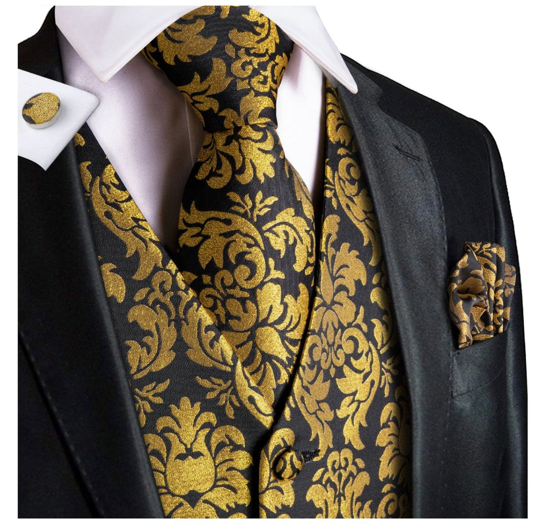YELLOW BLACK FLORAL JACQUARD SILK WAISTCOAT VEST HANDKERCHIEF CUFFLINKS TIE VEST SET-MJ-0008 - SimonVon Shop