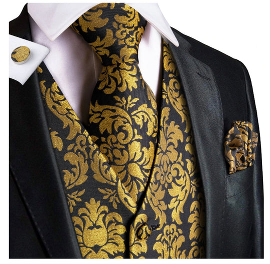YELLOW BLACK FLORAL JACQUARD SILK WAISTCOAT VEST HANDKERCHIEF CUFFLINKS TIE VEST SET-MJ-0008 - SimonVon Shop