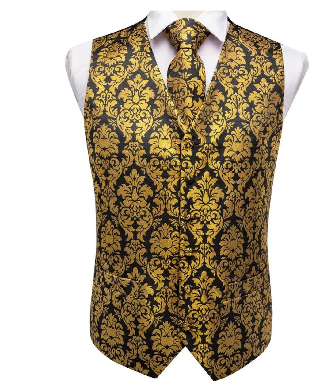 YELLOW BLACK FLORAL JACQUARD SILK WAISTCOAT VEST HANDKERCHIEF CUFFLINKS TIE VEST SET-MJ-0008 - SimonVon Shop
