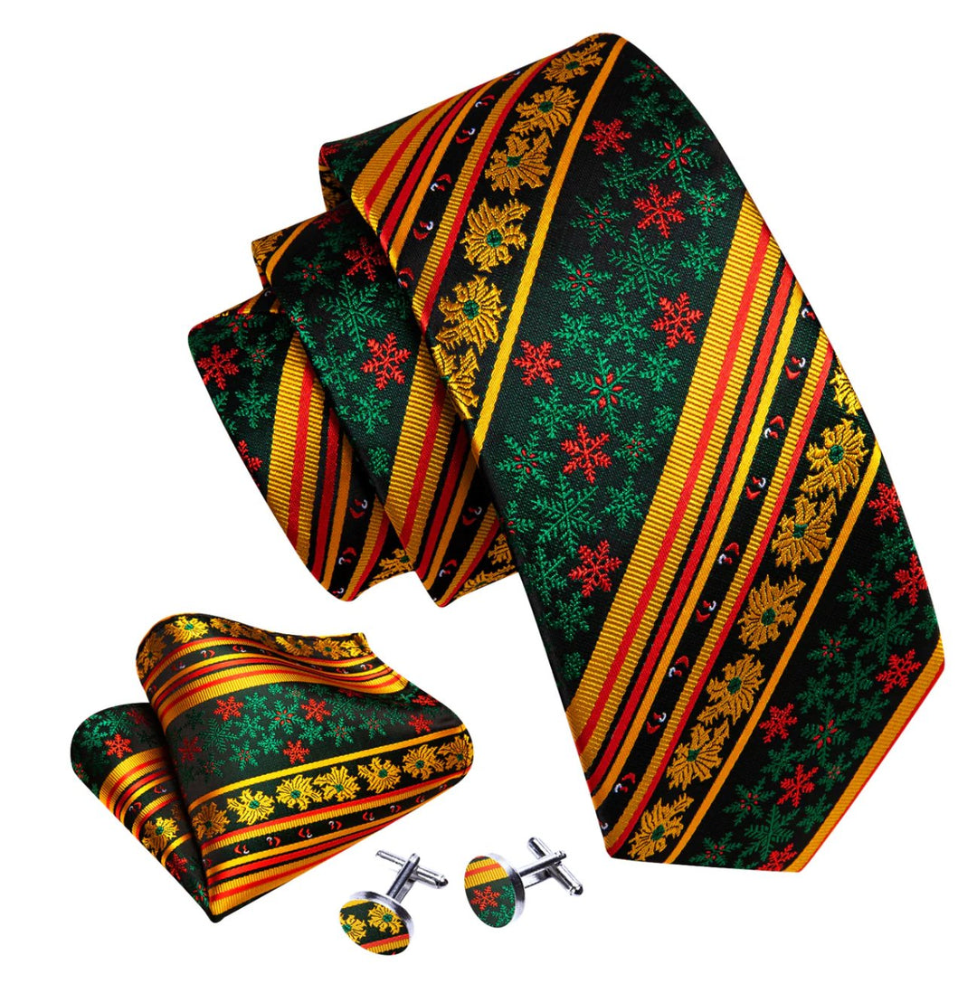 Yellow Green Snowflake Floral Silk Tie Handkerchief Cufflinks Set- N-6542 - SimonVon Shop