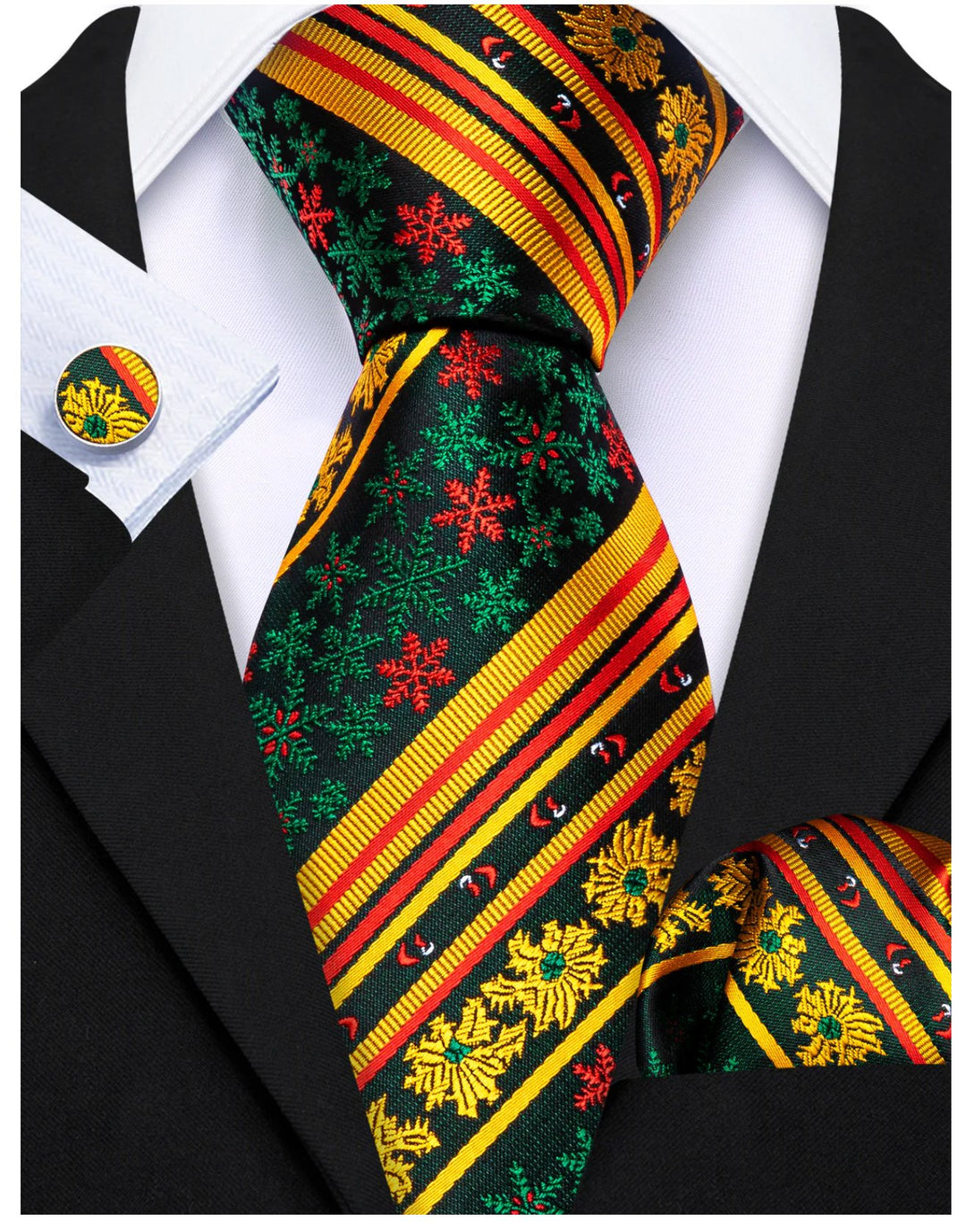 Yellow Green Snowflake Floral Silk Tie Handkerchief Cufflinks Set- N-6542 - SimonVon Shop