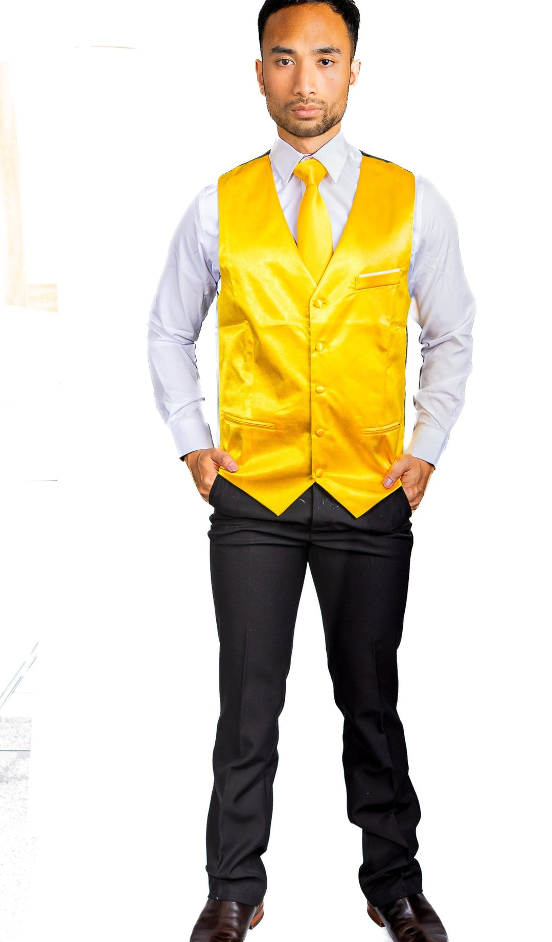Yellow Solid Satin Waistcoat Vest Tie Handkerchief Cufflinks Set-MJ-0632 - SimonVon Shop