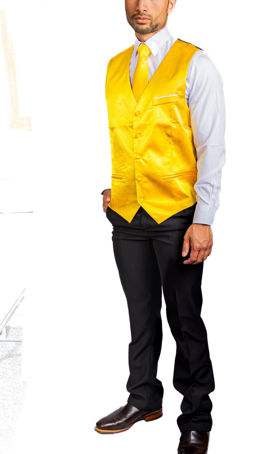 Yellow Solid Satin Waistcoat Vest Tie Handkerchief Cufflinks Set-MJ-0632 - SimonVon Shop