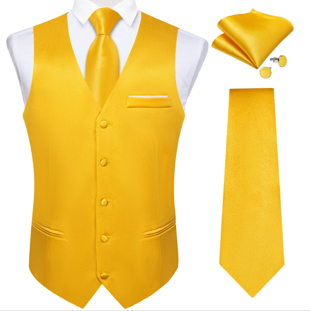 Yellow Solid Satin Waistcoat Vest Tie Handkerchief Cufflinks Set-MJ-0632 - SimonVon Shop