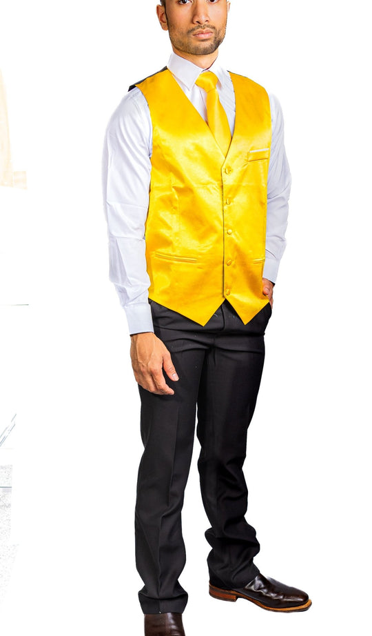 Yellow Solid Satin Waistcoat Vest Tie Handkerchief Cufflinks Set-MJ-0632 - SimonVon Shop