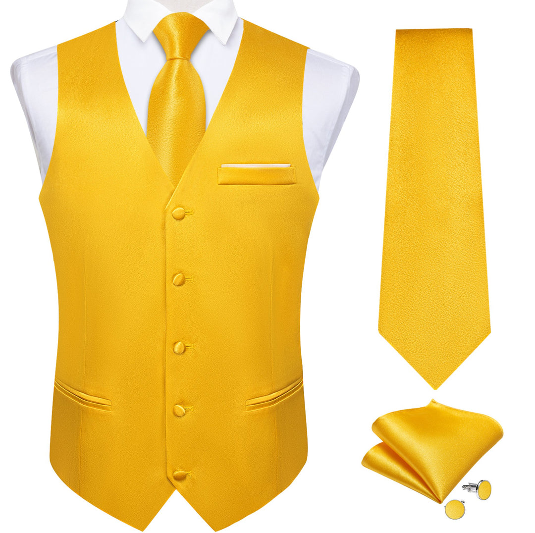 Yellow Solid Satin Waistcoat Vest Tie Handkerchief Cufflinks Set-MJ-0632 - SimonVon Shop