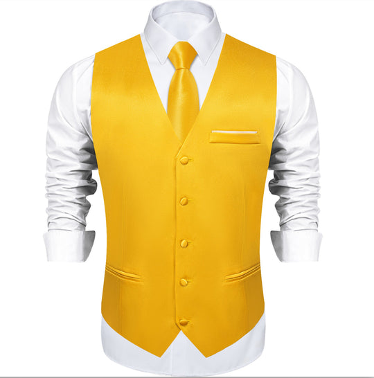 Yellow Solid Satin Waistcoat Vest Tie Handkerchief Cufflinks Set-MJ-0632 - SimonVon Shop