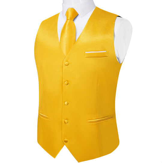 Yellow Solid Satin Waistcoat Vest Tie Handkerchief Cufflinks Set-MJ-0632 - SimonVon Shop