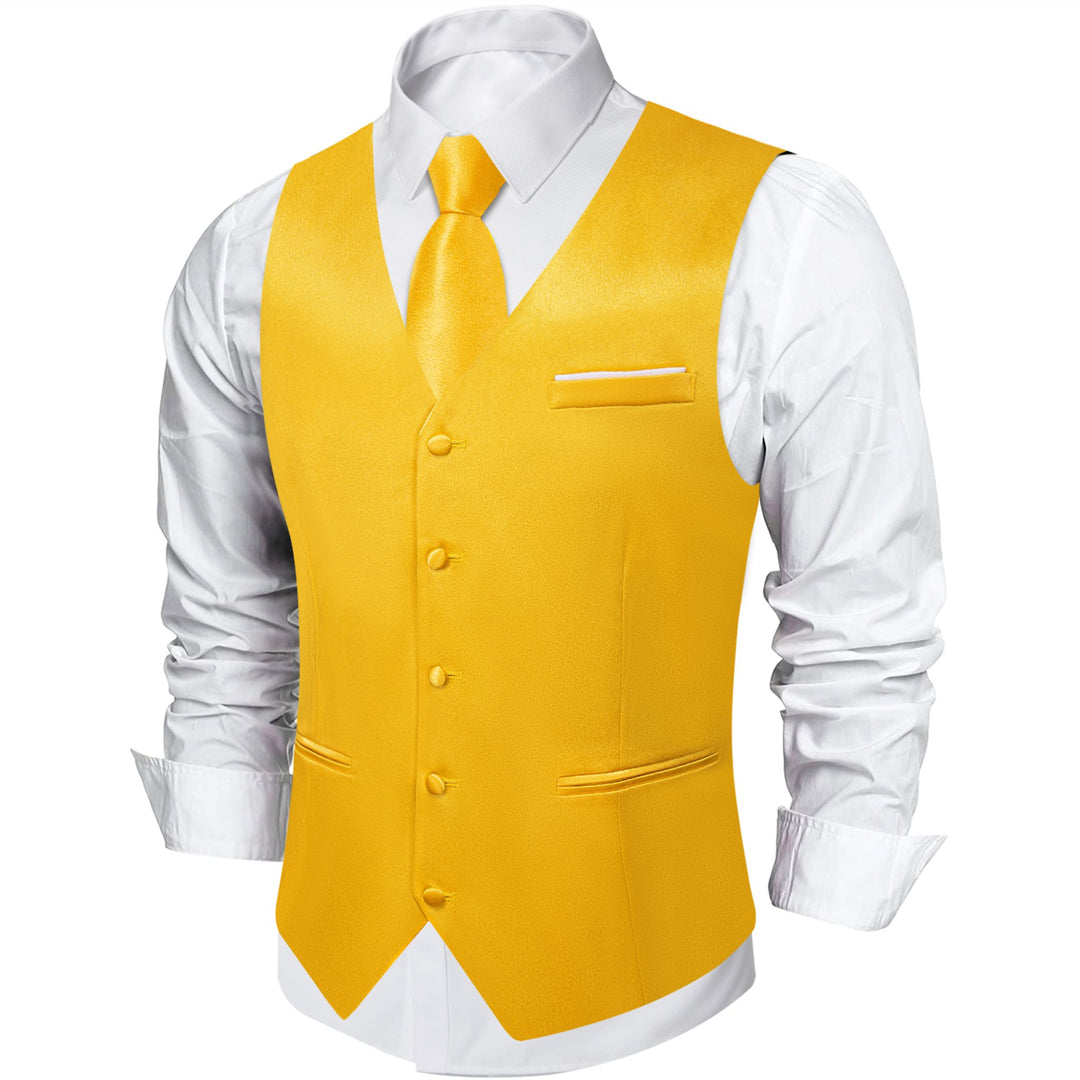 Yellow Solid Satin Waistcoat Vest Tie Handkerchief Cufflinks Set-MJ-0632 - SimonVon Shop