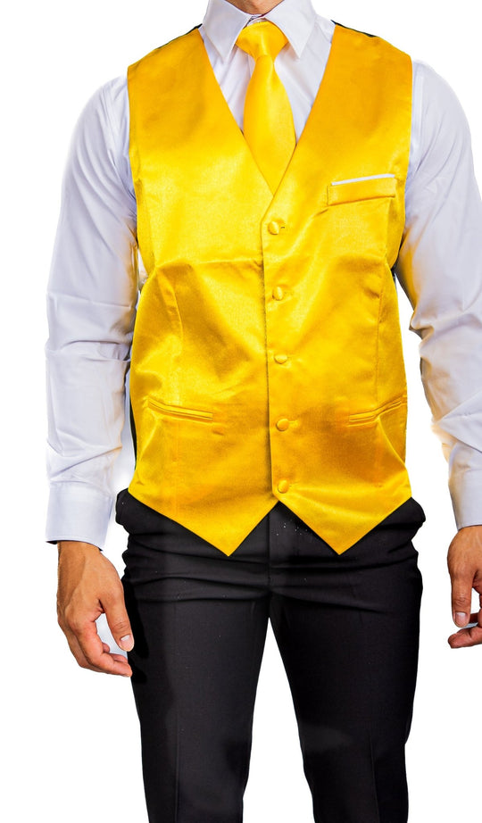 Yellow Solid Satin Waistcoat Vest Tie Handkerchief Cufflinks Set-MJ-0632 - SimonVon Shop