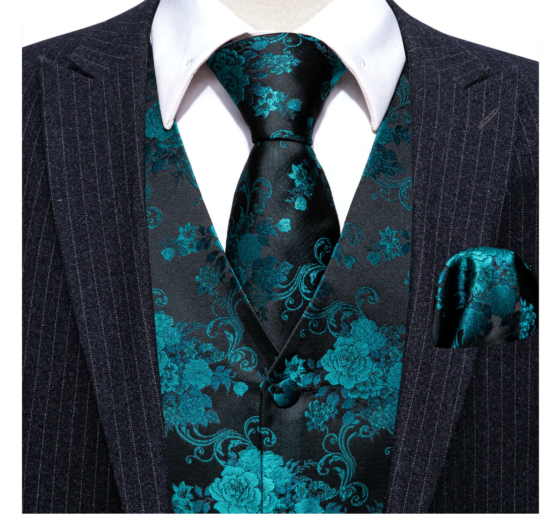 Black Purple Flower Floral Jacquard Silk Men's Vest Hanky