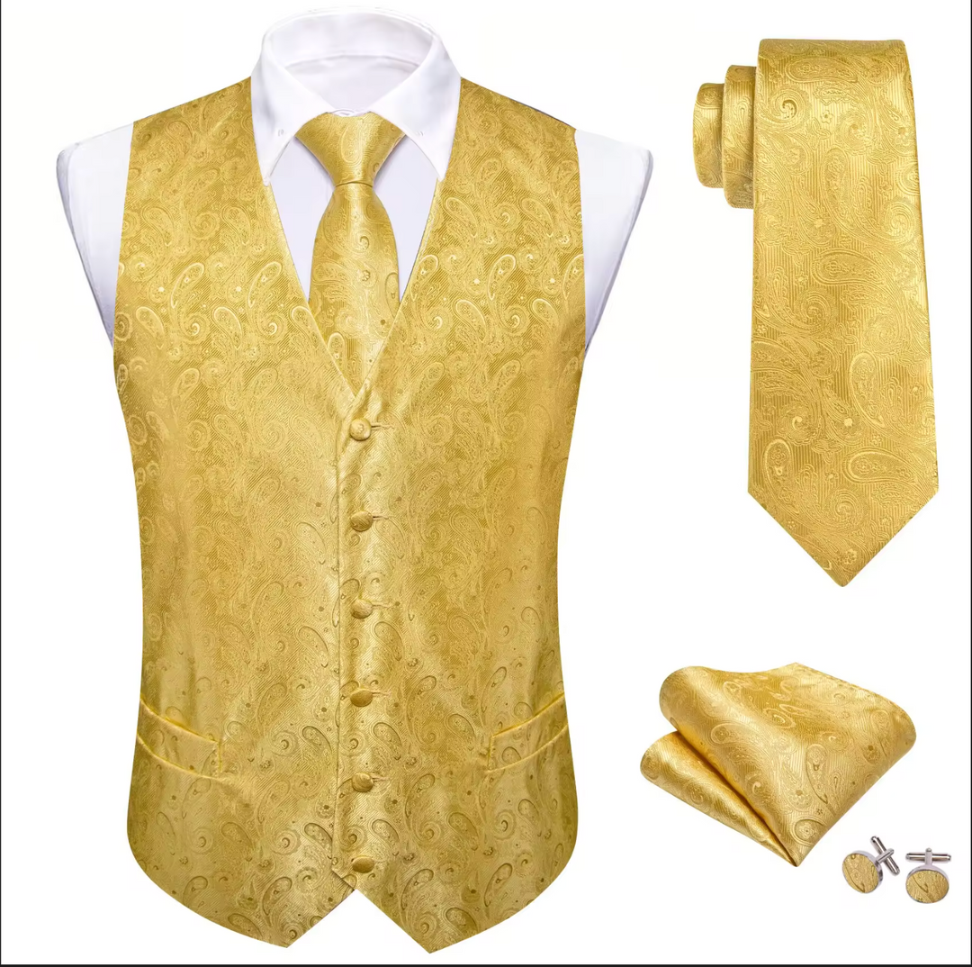 Golden Paisley Jacquard Vest Neck Bow Tie Handkerchief Cufflinks Set- MJ-2772