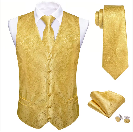 Golden Paisley Jacquard Vest Neck Bow Tie Handkerchief Cufflinks Set- MJ-2772