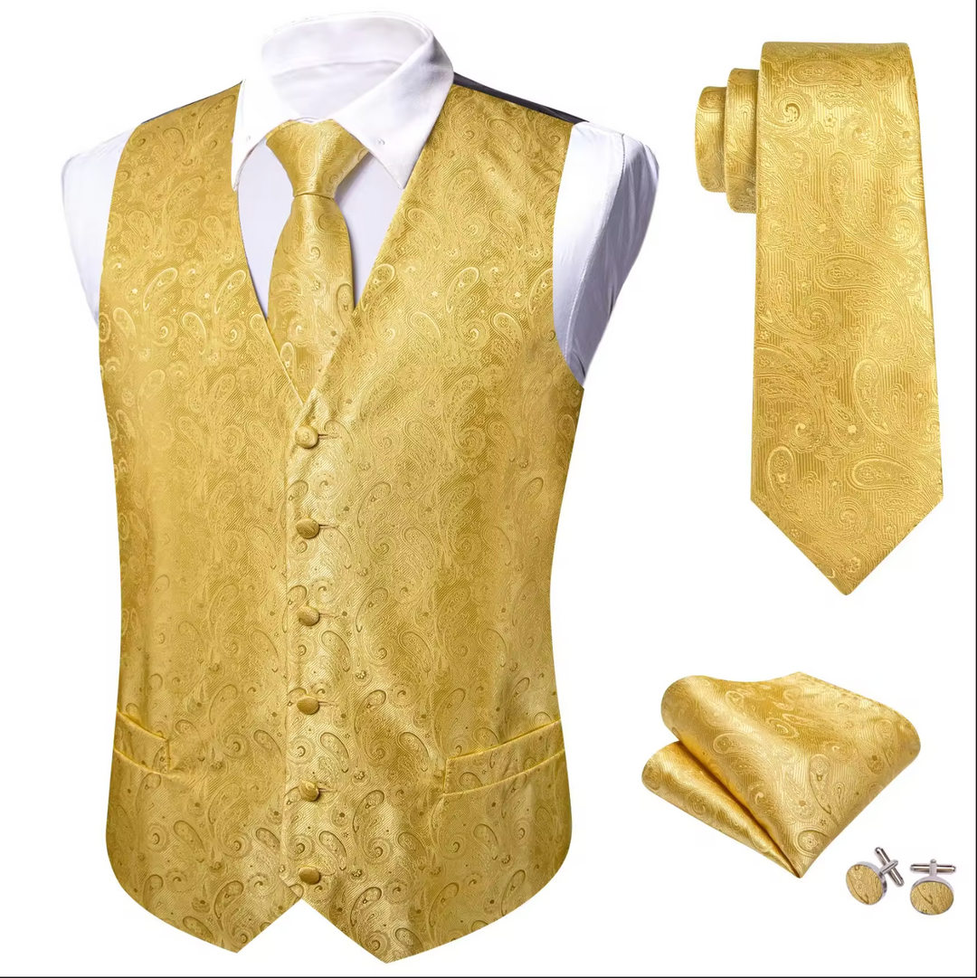 Golden Paisley Jacquard Vest Neck Bow Tie Handkerchief Cufflinks Set- MJ-2772