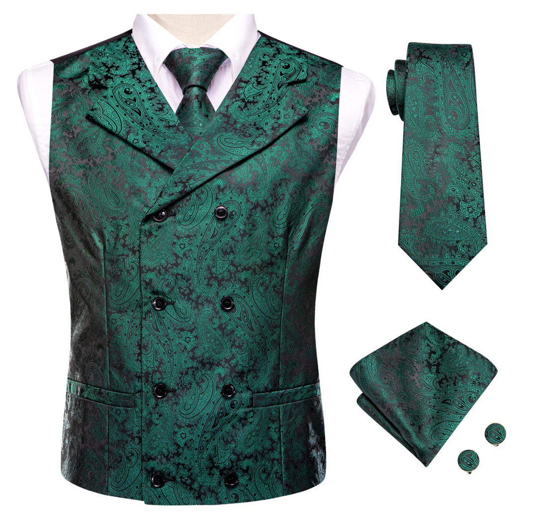 Pine Green Paisley Men's Collar Vest Hanky Cufflinks Tie Set- MJ-3113