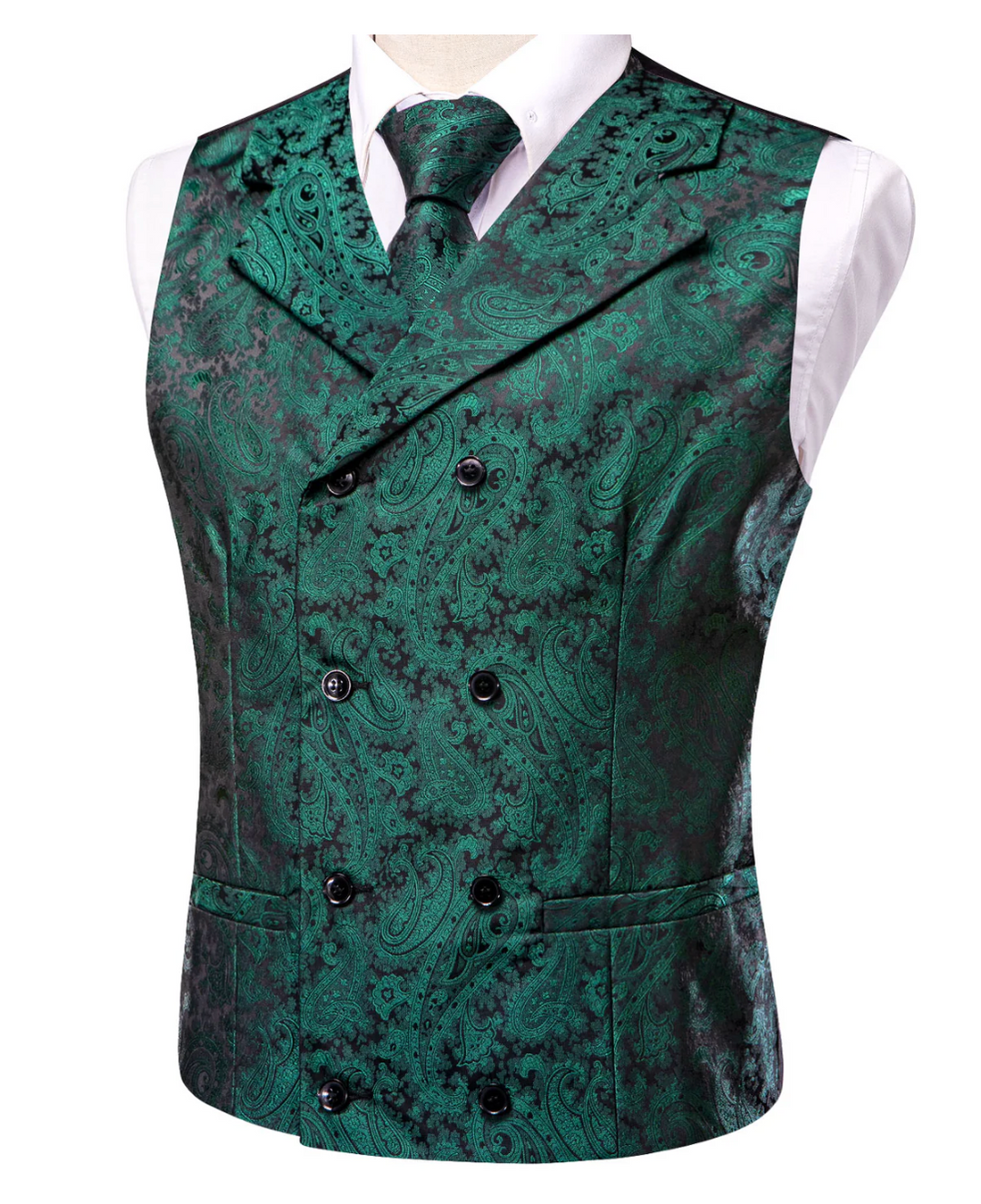 Pine Green Paisley Men's Collar Vest Hanky Cufflinks Tie Set- MJ-3113