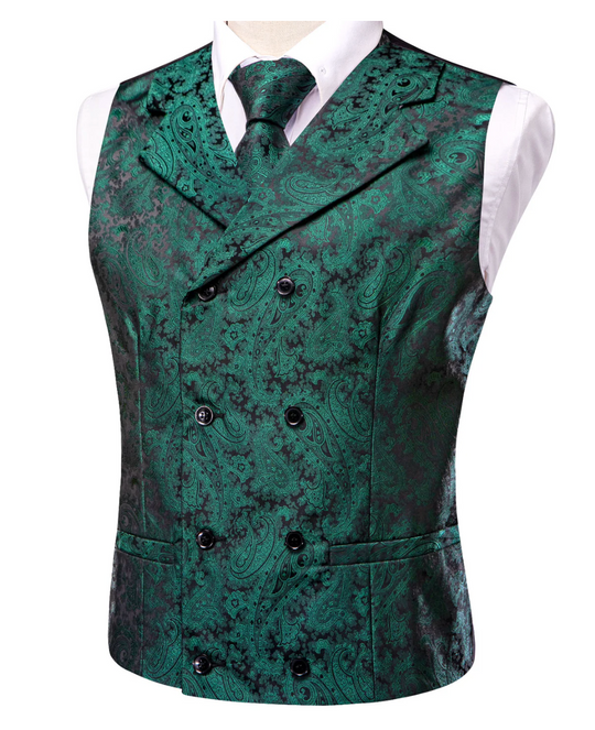 Pine Green Paisley Men's Collar Vest Hanky Cufflinks Tie Set- MJ-3113