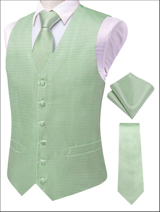Sage Green Waistcoat vest Tie Handkerchief Cufflink Set - MJ-3512