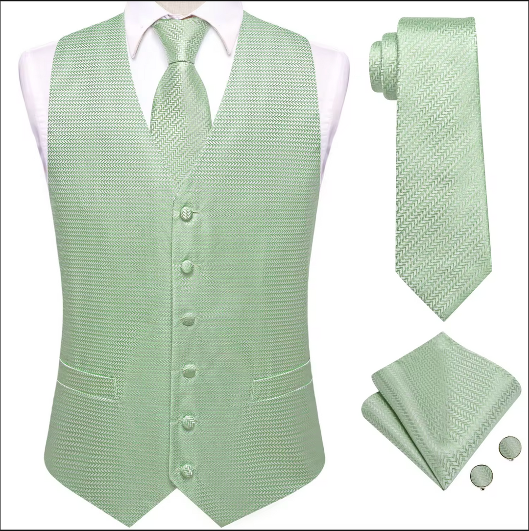 Sage Green Waistcoat vest Tie Handkerchief Cufflink Set - MJ-3512
