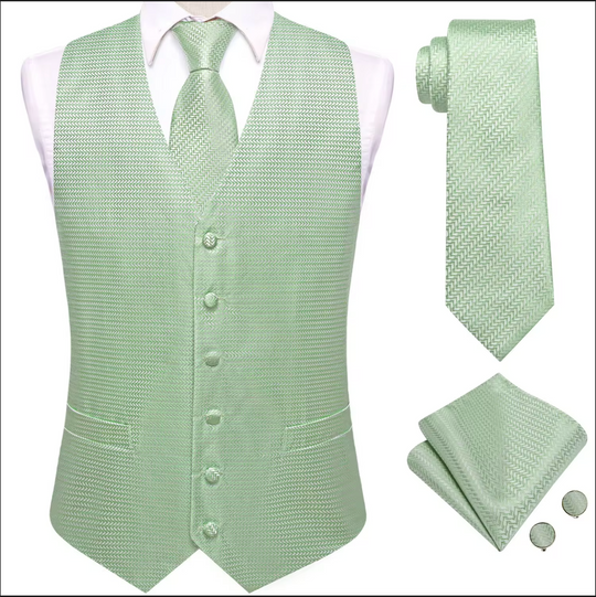 Sage Green Waistcoat vest Tie Handkerchief Cufflink Set - MJ-3512