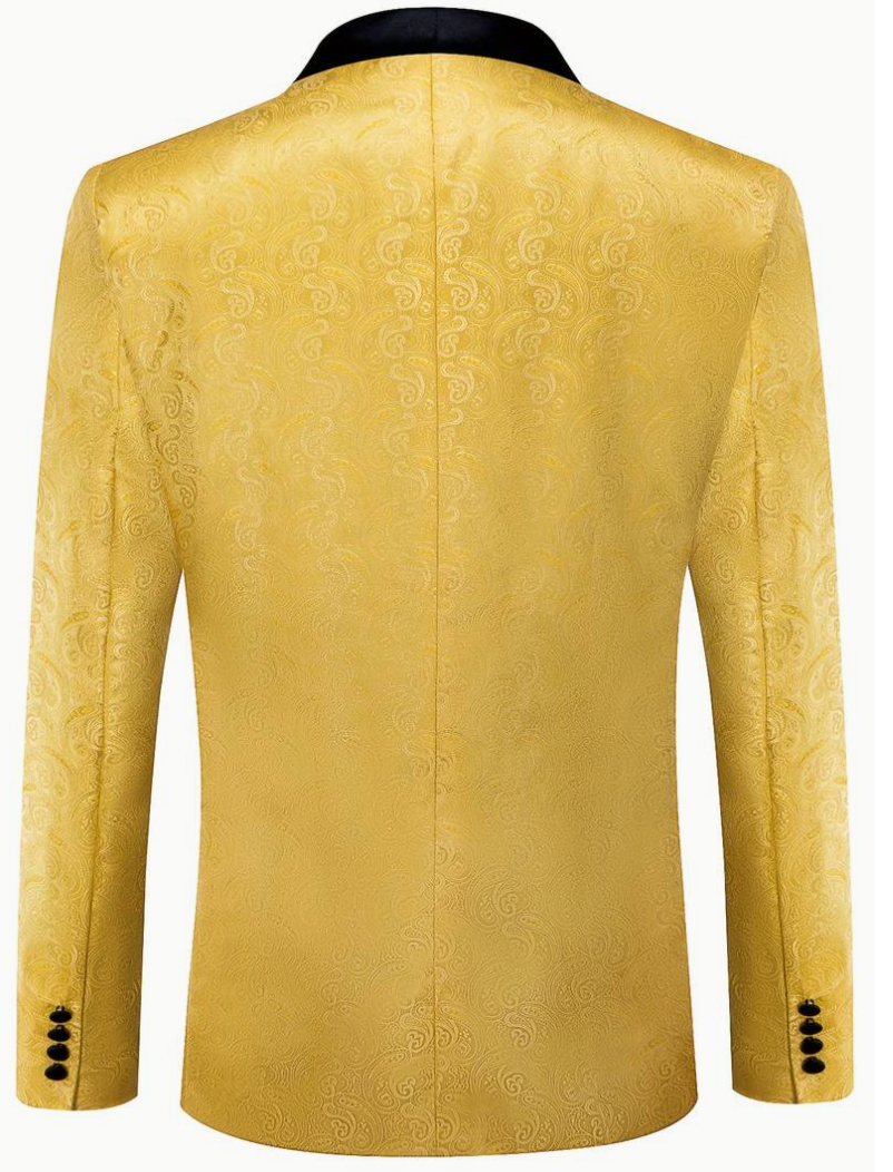 Men's Luxury Golden Embellished Tuxedo Blazer with Black Shawl Lapel & Bow Tie -XX-4016