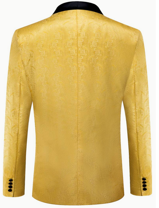 Men's Luxury Golden Embellished Tuxedo Blazer with Black Shawl Lapel & Bow Tie -XX-4016