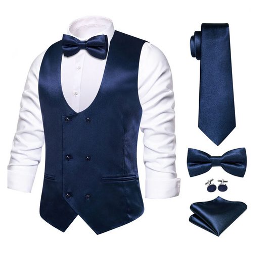 Dark Blue Solid U-Neck Double-Breasted Vest Set- MJ-3255