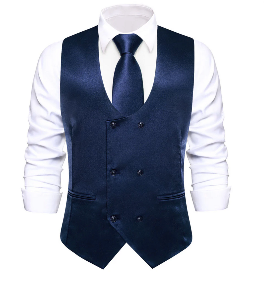 Dark Blue Solid U-Neck Double-Breasted Vest Set- MJ-3255