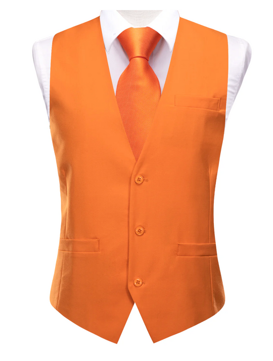 Orange Solid   Waistcoat Silk Style Men's Single Vest - MJ3516