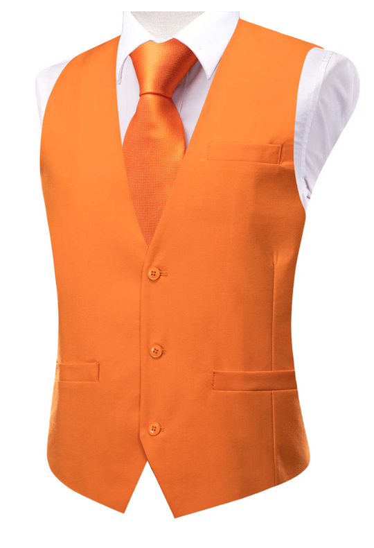 Orange Solid   Waistcoat Silk Style Men's Single Vest - MJ3516