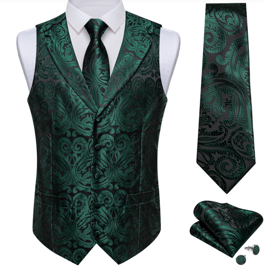 Dark Green Paisley Notched Collar Silk Mens Dress Vest Tie Set- MJ-0741