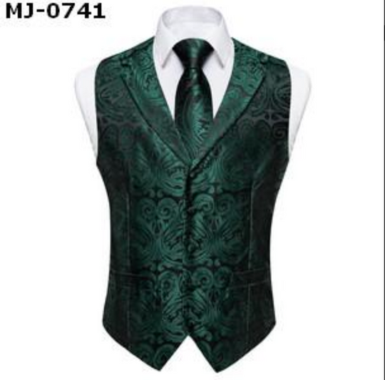 Dark Green Paisley Notched Collar Silk Mens Dress Vest Tie Set- MJ-0741