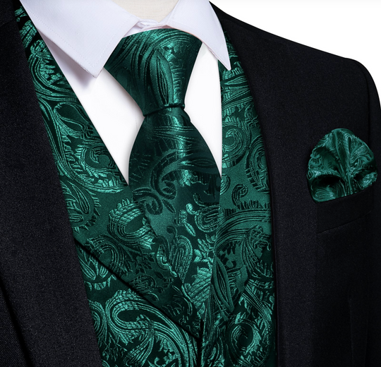 Dark Green Paisley Notched Collar Silk Mens Vest Tie Set- MJ-0719
